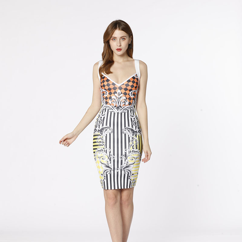 OEM Factory V-Neck Cross Print Stripe Bandage Dress